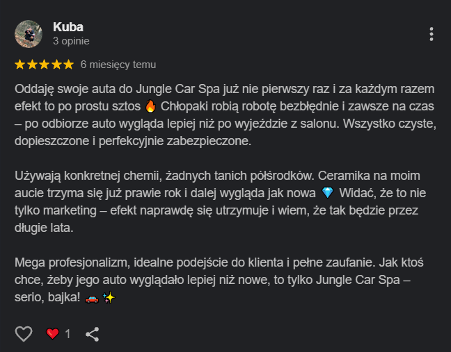 Opinia Google klienta Jungle Car Spa dotycząca pielęgnacji i zabezpieczenia BMW