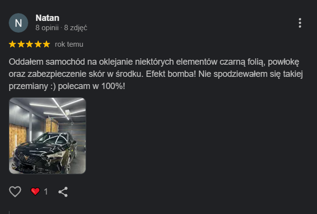 Opinia Google klienta Jungle Car Spa dotycząca oklejania, powłoki i zabezpieczenia skór