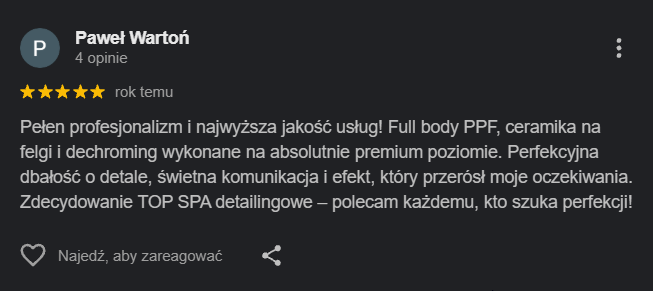 Opinia Google klienta Jungle Car Spa dotycząca full body PPF, ceramiki i detailingu