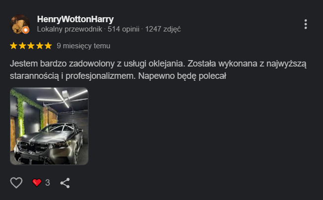 Opinia Google klienta Jungle Car Spa dotycząca oklejania auta