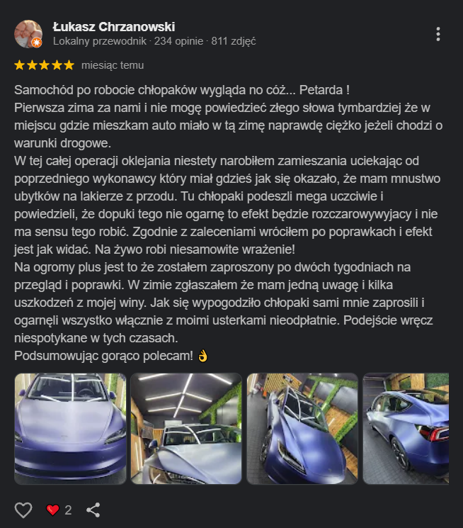 Opinia Google klienta Jungle Car Spa dotycząca folii i obsługi klienta